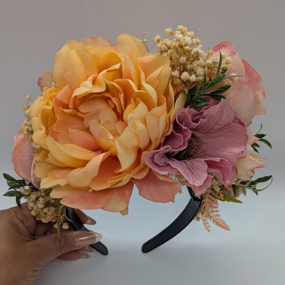 Frida Kahlo-Inspired Peach Fuzz & Pink Flower Headband - Picture 3 of 13